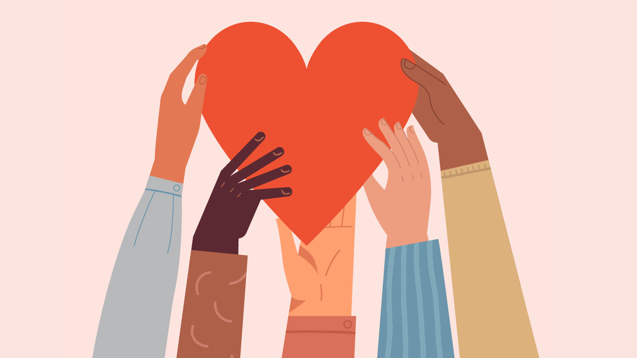 Giving heart illustration with hands.