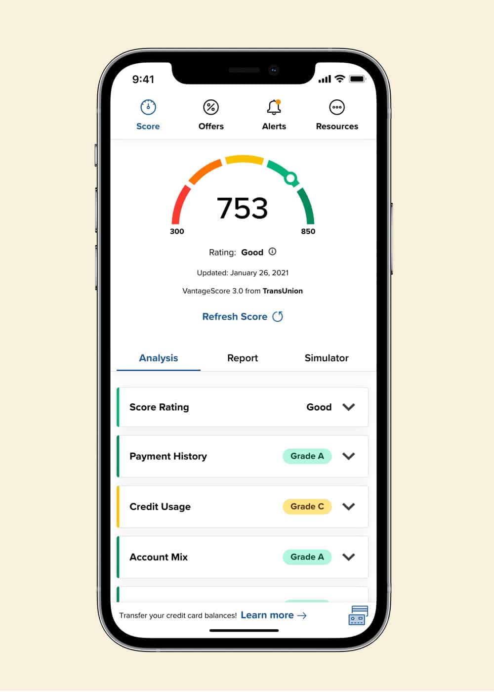 View of credit score app on phone.